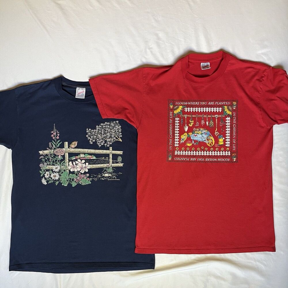 Vintage T Shirt L Large Lot Of 2 Nature Tee Made In USA Bird Garden Jerzees 90s